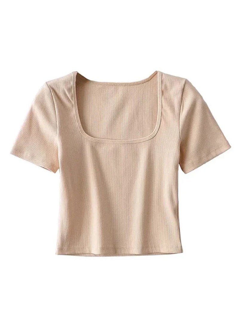 Women Square Neck Rib Crop T-Shirt Short Sleeve Top for Summer Fashion