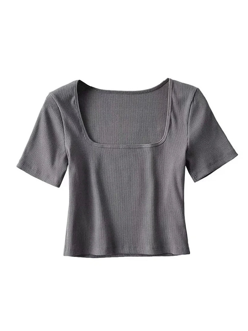 Women Square Neck Rib Crop T-Shirt Short Sleeve Top for Summer Fashion