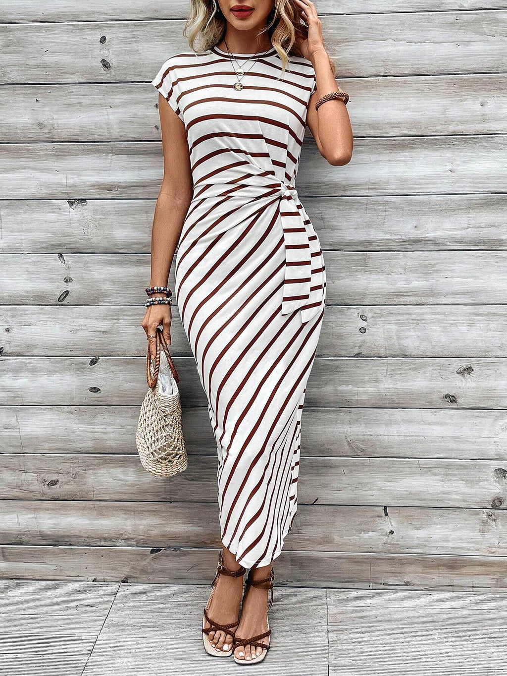 Calvaya Tie Knotted Striped Side Casual Dress