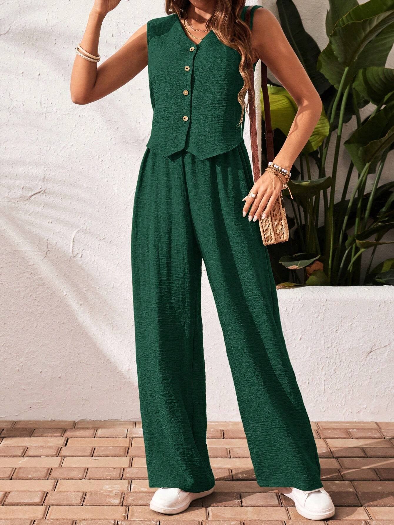 Frenchy Women'S Solid Color Front Button Sleeveless Blouse and Long Pants Casual Suit Set Fall Women Outfits Women Outfit Sets Winter Women Sets