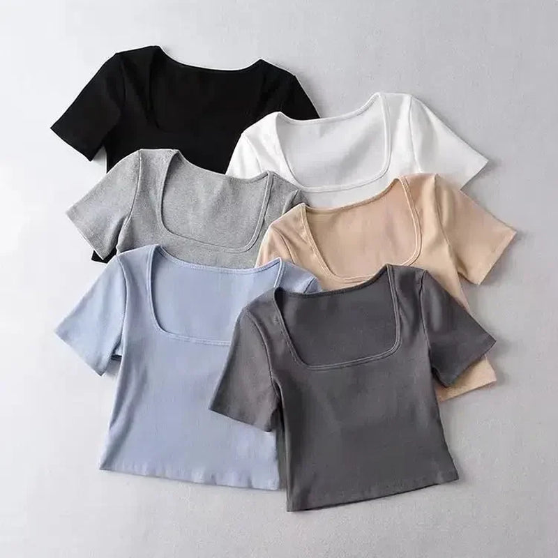 Women Square Neck Rib Crop T-Shirt Short Sleeve Top for Summer Fashion