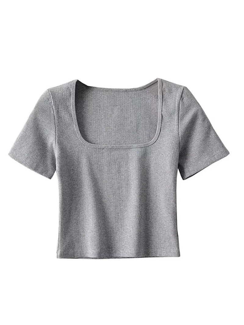 Women Square Neck Rib Crop T-Shirt Short Sleeve Top for Summer Fashion