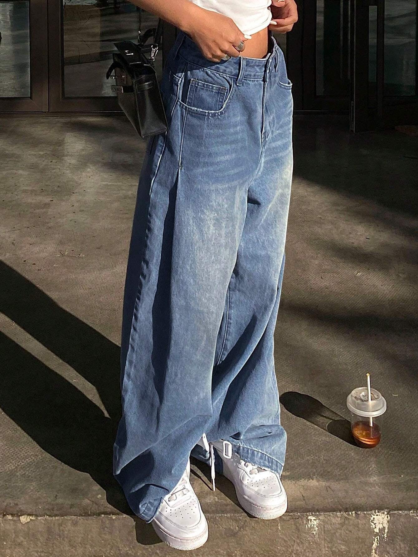Livesso Ladies' Wide-Leg Jeans with Grinding & Distressed Details,Baggy Jeans