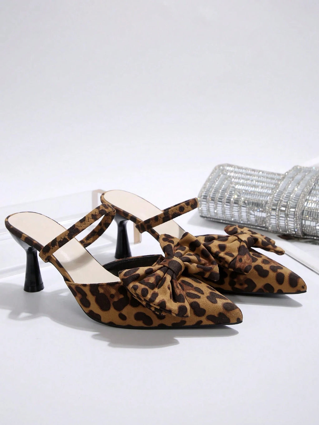 New Arrival Pointed Toe Leopard Print Bow Decor Mid Heel Mules, Fashionable EU Style, Early Autumn