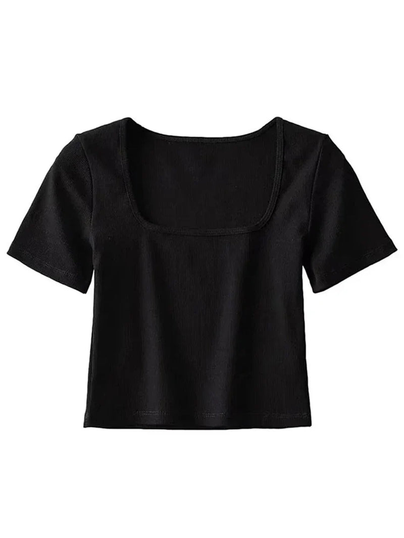 Women Square Neck Rib Crop T-Shirt Short Sleeve Top for Summer Fashion