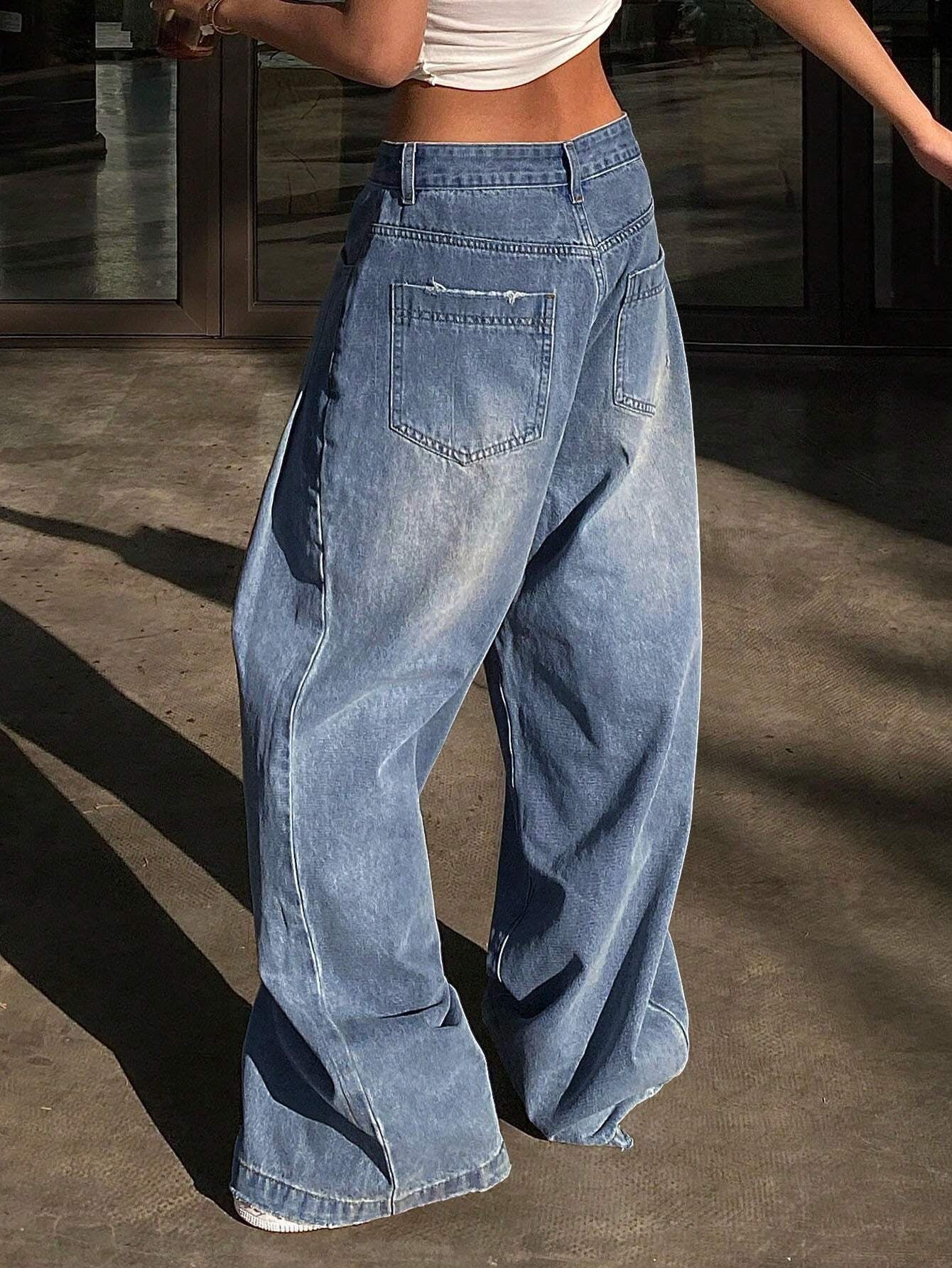 Livesso Ladies' Wide-Leg Jeans with Grinding & Distressed Details,Baggy Jeans
