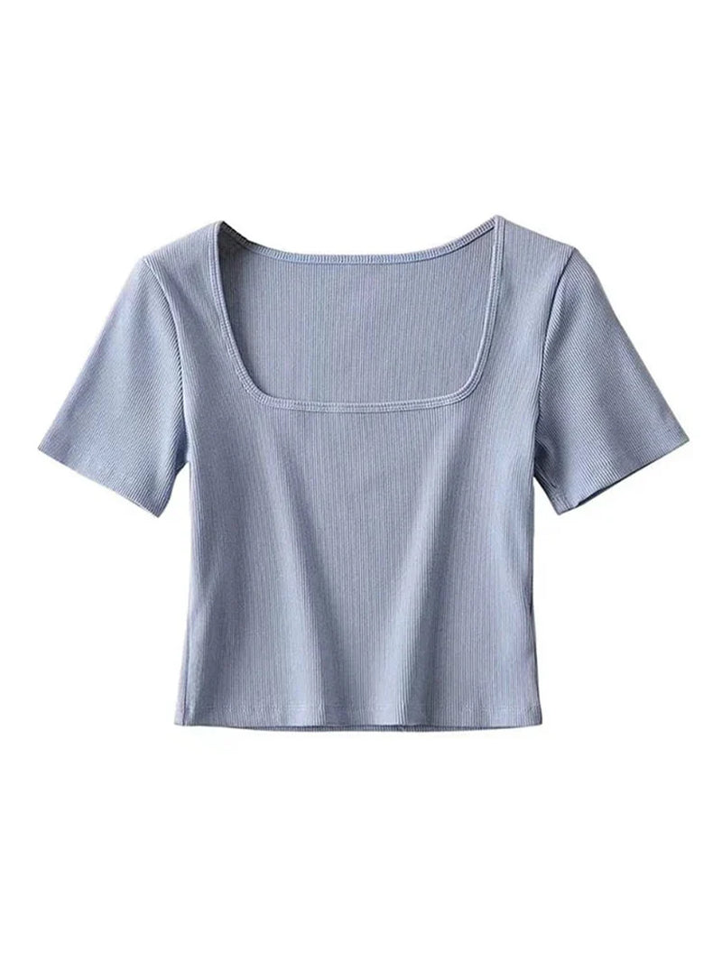 Women Square Neck Rib Crop T-Shirt Short Sleeve Top for Summer Fashion