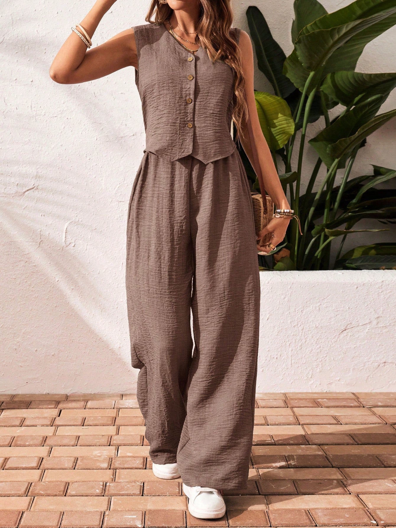 Frenchy 2Pcs/Set Vacation Casual Solid Color Button Front Top and Pants Set