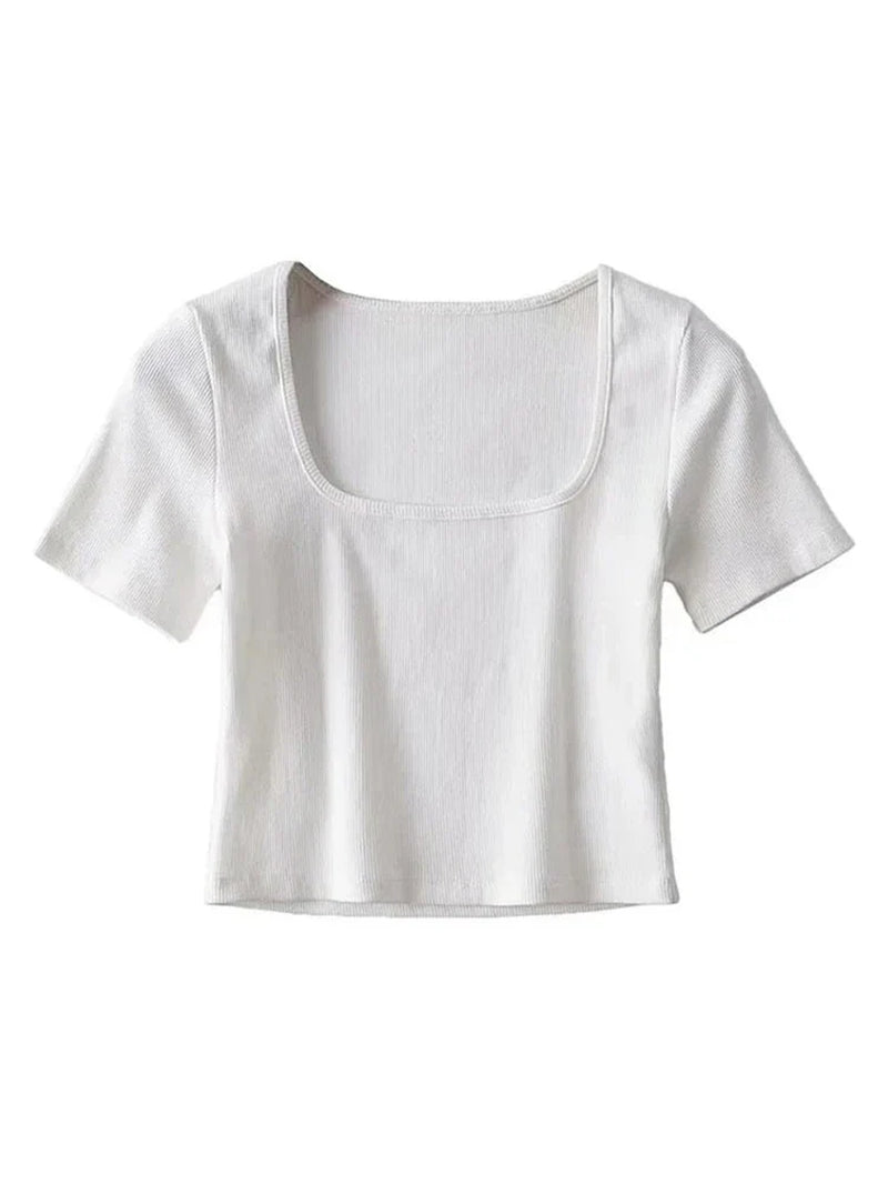 Women Square Neck Rib Crop T-Shirt Short Sleeve Top for Summer Fashion