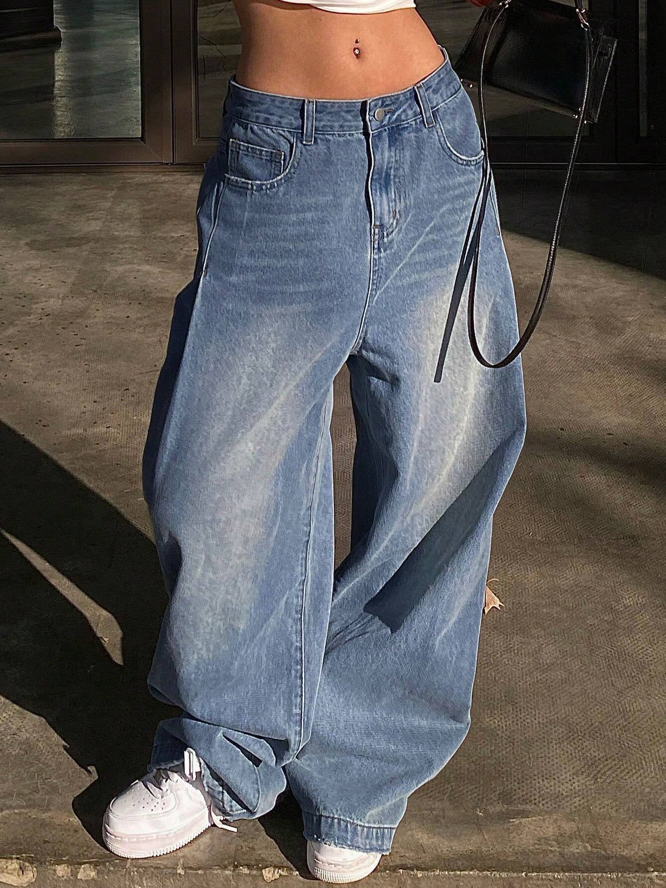 Livesso Ladies' Wide-Leg Jeans with Grinding & Distressed Details,Baggy Jeans